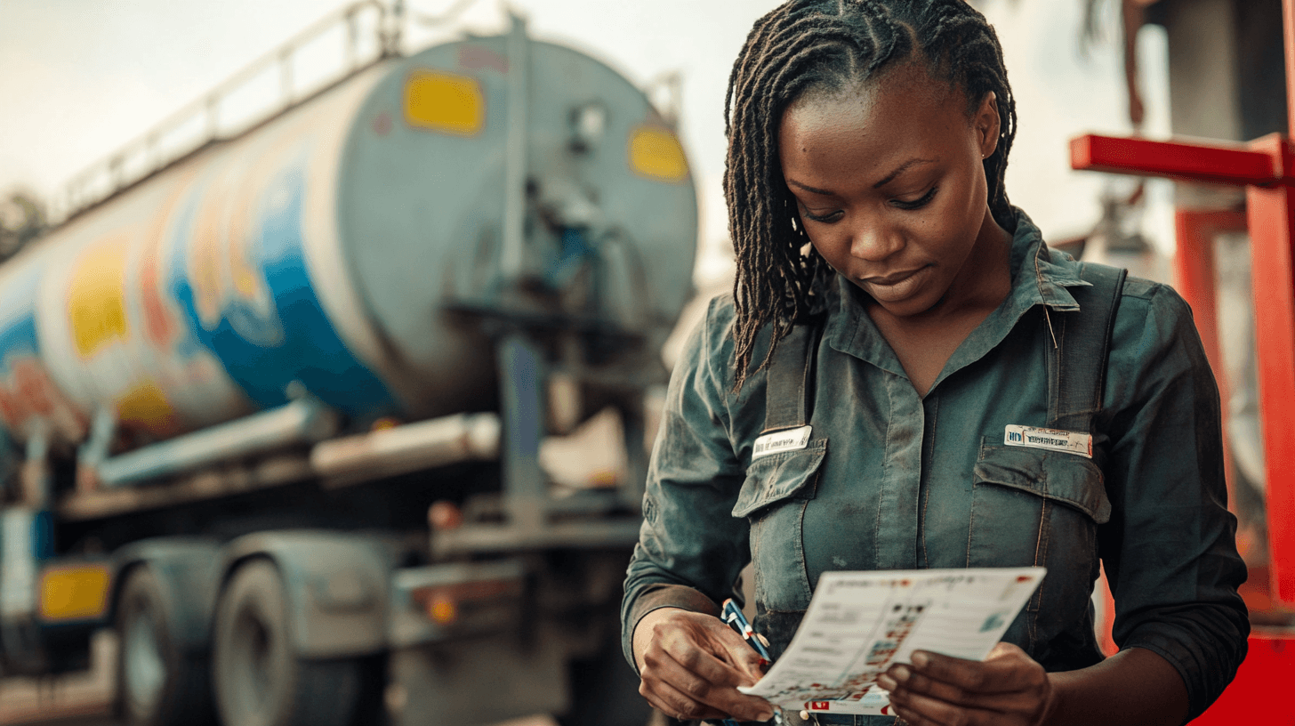 Clearwater team member checking delivery paperwork beside a water tanker