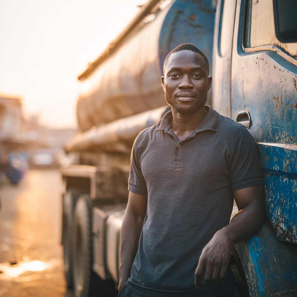 Water truck driver delivering water in Accra, Ghana